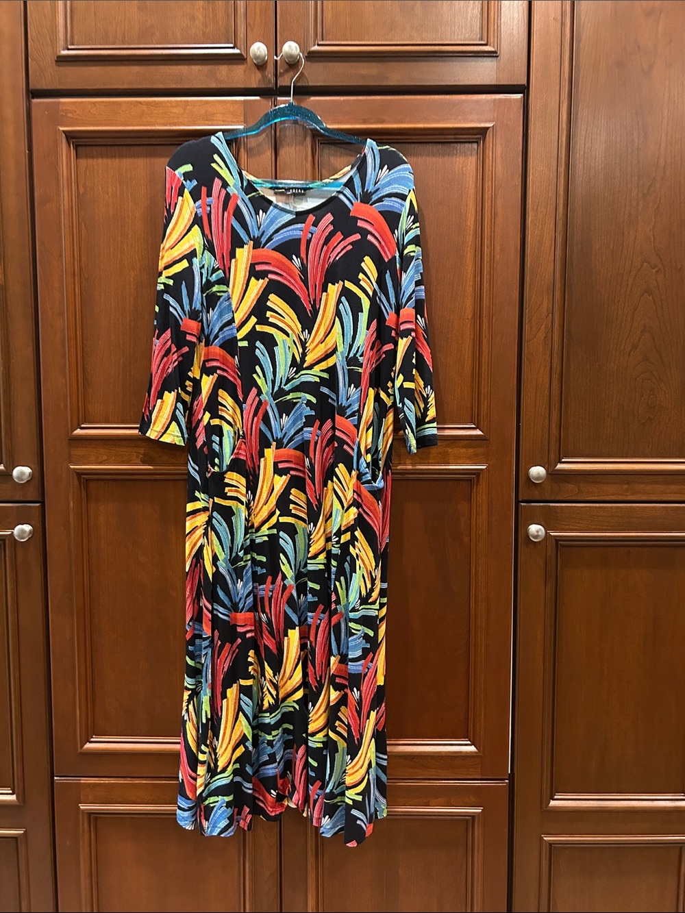 Kozan Abstract Print Dress. Red, Blue & Black,Yellow and Green, M